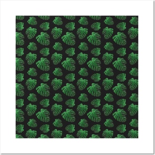 Green Monstera on Black Background Pattern Edit Posters and Art